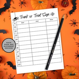 Each page has different designs in the header. This one has a spider header. An example sign up sheet is set against an orange background with pumpkins, paper bats and plastic spiders.