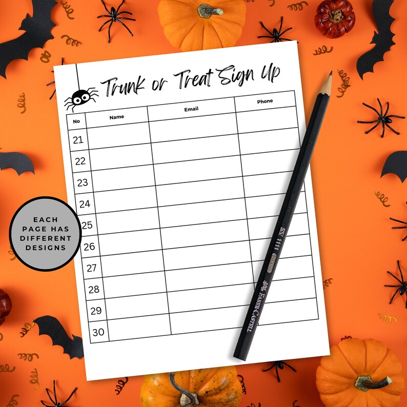 Each page has different designs in the header. This one has a spider header. An example sign up sheet is set against an orange background with pumpkins, paper bats and plastic spiders.