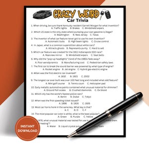 May include: A black and white car trivia game with the title "CRAZY WEIRD Car Trivia". The game includes multiple-choice questions about cars, with answers. A pen is placed on the bottom right corner of the image.