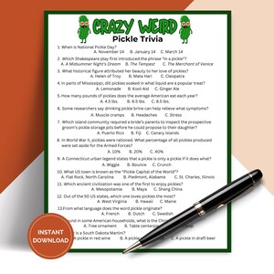 Printable Crazy Weird Pickle Trivia Game, Pub Trivia Night, Icebreaker Games for Pickle Lovers TRIV02