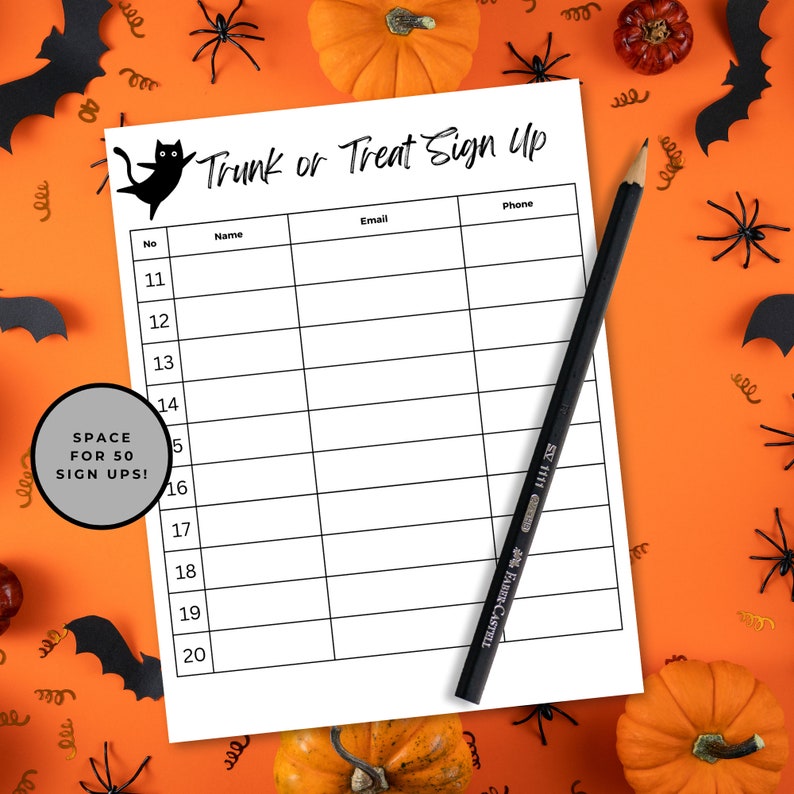 There are spaces for 50 sign ups in this Trunk or Treat Sign Up sheet bundle. An example sign up sheet is set against an orange background with pumpkins, paper bats and plastic spiders.