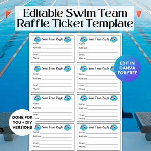 Bearbeitbare Swim Team Raffle Ticket-Vorlage für Schwimmmütter, Wasserball-Spendenaktion, Schul-PTO-Spendenaktion RAF01