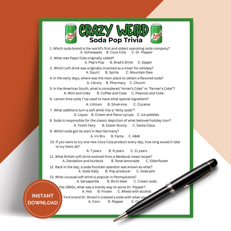 Printable Crazy Weird Soda Trivia Game, Drink Pub Trivia, Icebreaker ...