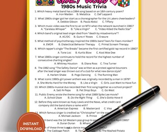 Printable Crazy Weird 1980s Music Trivia Game, 80s Theme Pub Trivia, Icebreaker Games for Work, Decades Trivia TRIV02