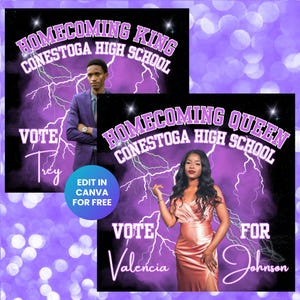 Editable Homecoming Queen and King Flyer Bundle, Vote for Me Hoco Class Campaign, Homecoming Court, Purple Bootleg Rap Tee Design