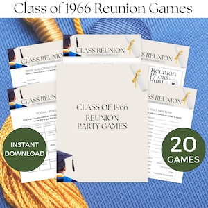 May include: A collection of party games for a Class of 1966 reunion. The games include a photo hunt, matching slang, and a tune quiz. The image features a green circle with the text "Instant Download" and another with "20 Games".