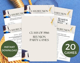 May include: A collection of party games for a Class of 1966 reunion. The games include a photo hunt, matching slang, and a tune quiz. The image features a green circle with the text "Instant Download" and another with "20 Games".