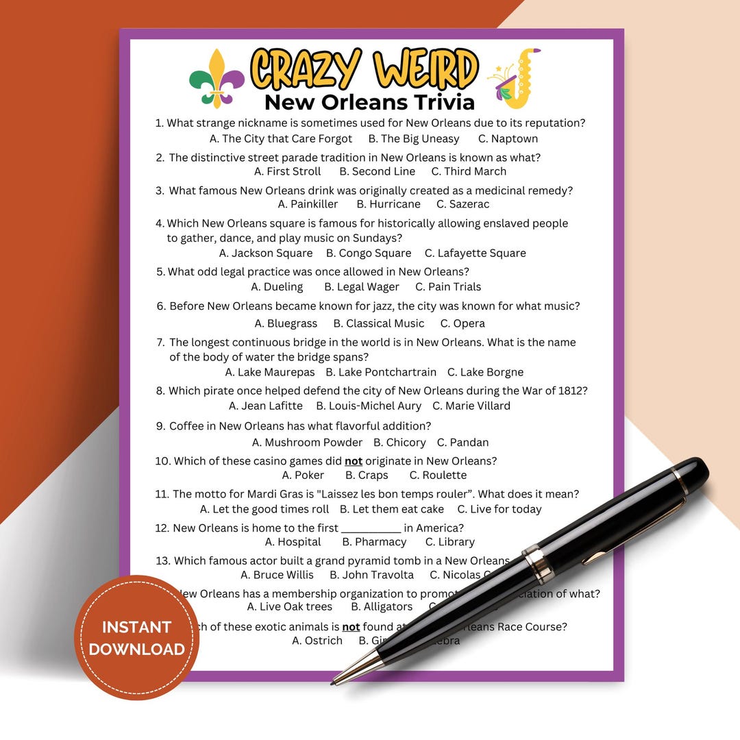 Printable Crazy Weird New Orleans Trivia Game, Mardi Gras Pub Trivia, Icebreaker Activities ...