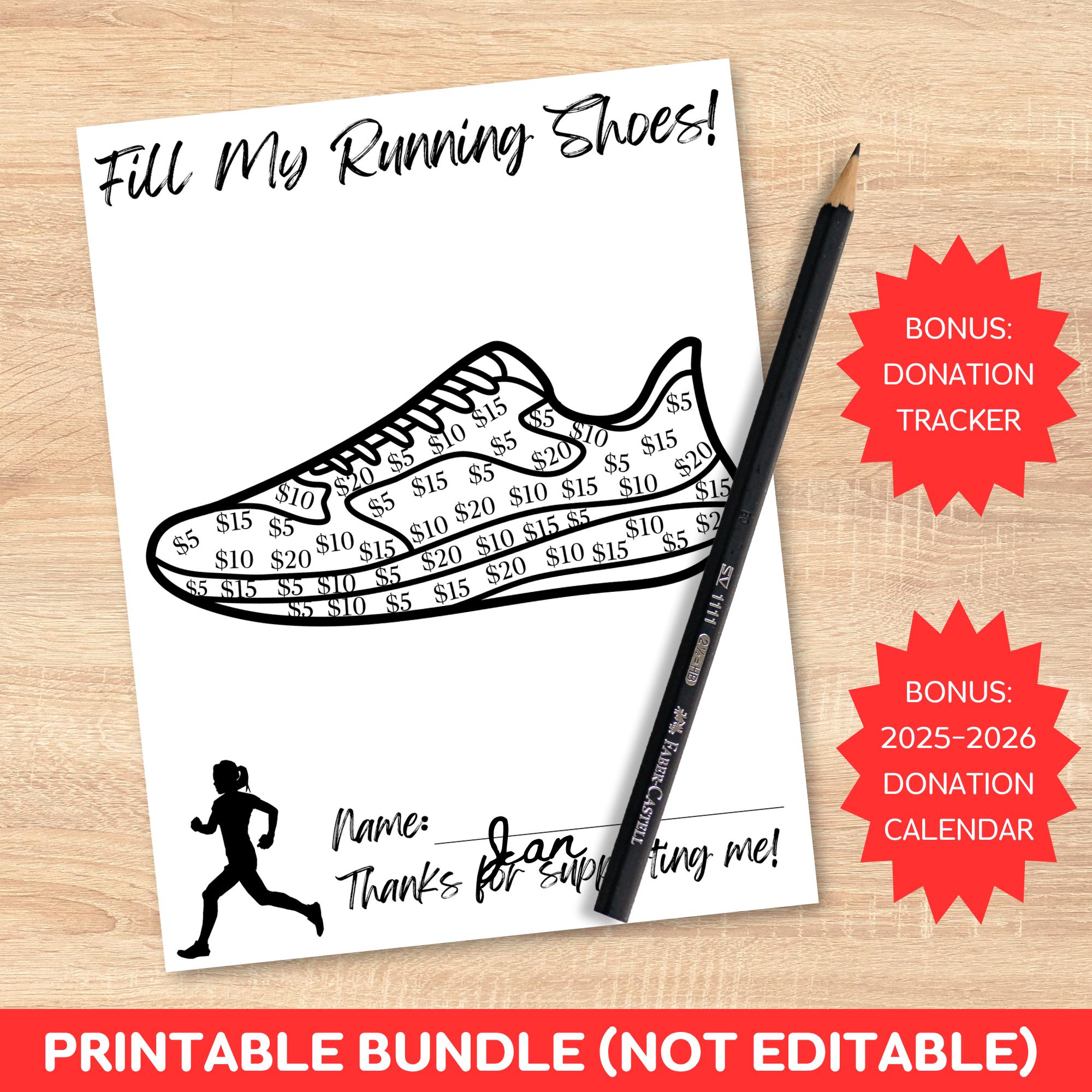 Printable Cross Country Running Fundraising Bundle: Fill My Running Shoes, Pick a Date Donation Calendar + Fundraiser Tracker