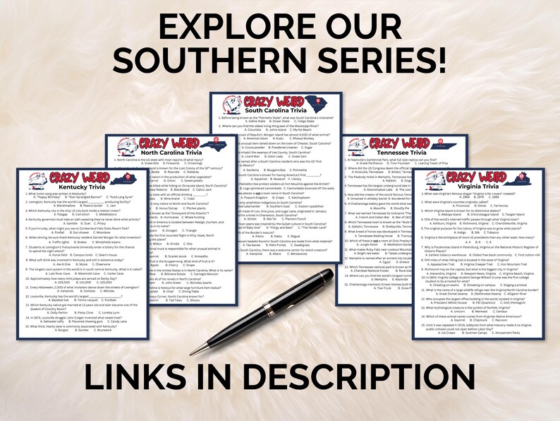 Southern Trivia Printable Crazy Weird North Carolina Trivia Game, US States Pub Trivia ...