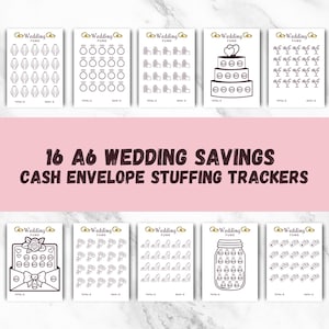 May include: A collection of 16 A6 wedding savings cash envelope stuffing trackers. Each card features a different wedding-themed illustration, such as wedding dresses, rings, cakes, and champagne glasses. The cards are black and white with the words "Wedding Fund" at the top.