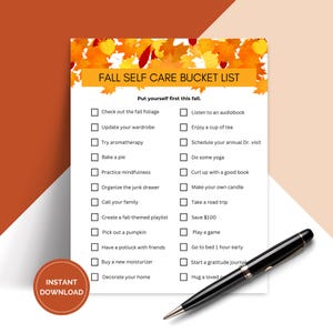 Printable Fall Bucket List Ideas, Autumn Self Care Activity Checklist, Hello Fall