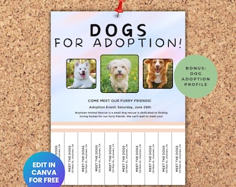 Volantino staccabile modificabile per evento di adozione di cani, rifugio per animali senza scopo di lucro, salvataggio di cani con profilo bonus modificabile per l'adozione di animali domestici