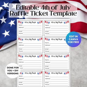 Bearbeitbare 4. Juli Raffle Ticket-Vorlage, Unabhängigkeitstag-Spendenaktion, Schul-PTO-Spendenaktion für den vierten RAF01