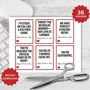 Op de afbeelding: Een vel Valentijnskaarten met wetenschappelijke woordspelingen, elk in een rood omkaderde doos. Zinnen zijn onder meer "Polymer Chain", "Laminar" en "Exotherm". Een schaar en een computertoetsenbord staan in de afbeelding.