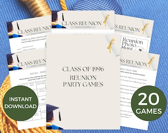 May include: A collection of reunion party games for the Class of 1996. The games include a slang matching game, social bingo, and a photo hunt. The image also features a green circle with the text "Instant Download" and another with "20 Games".