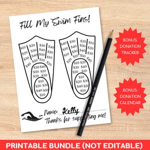 印刷可能なFill My Swim Fins水球または水泳チームの募金バンドル、日付指定寄付カレンダー、募金トラッカー