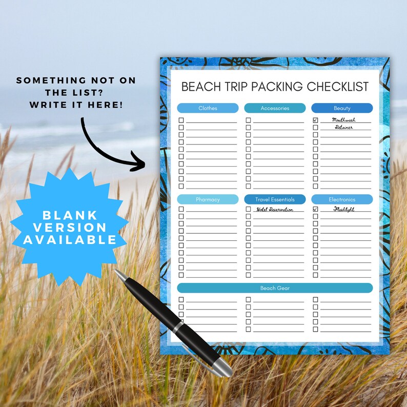 Printable Beach Vacation Packing Checklist - Dark Blue Sea Shell Design ...