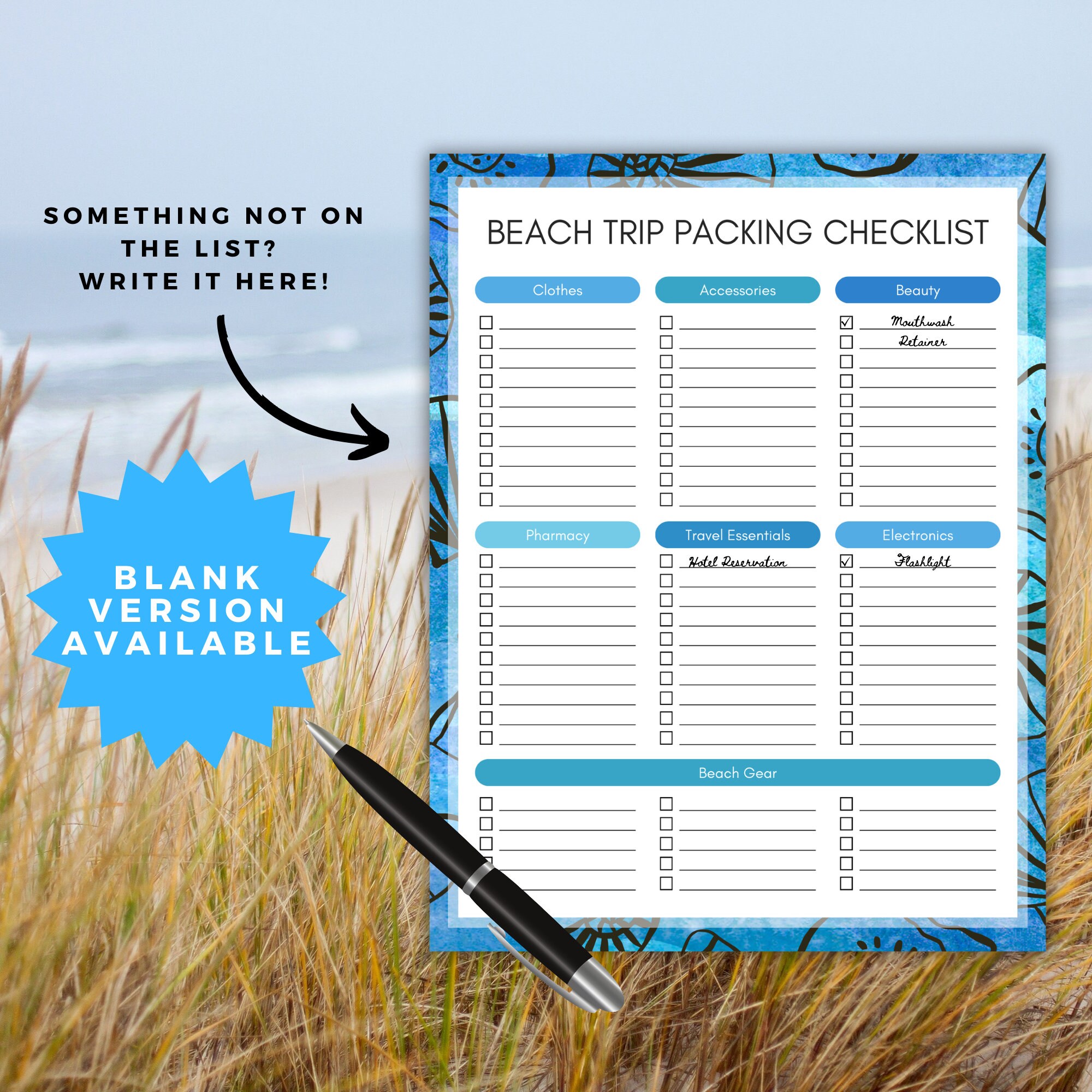 Printable Beach Vacation Packing Checklist - Dark Blue Sea Shell Design ...