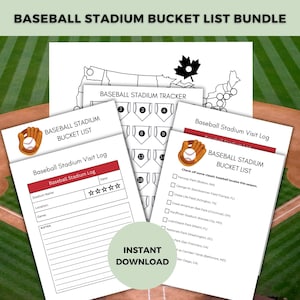 May include: A printable baseball stadium bucket list bundle with a checklist, tracker, and visit log. The bundle includes a map of the United States with baseball stadiums marked. The text "Baseball Stadium Bucket List Bundle" is at the top of the image.