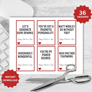 May include: A sheet of Valentine's Day cards with six different designs, each with a red border and a heart. The cards feature phrases like "Let's generate some sparks" and "You've got a magnetic personality." A pair of scissors is on the sheet.