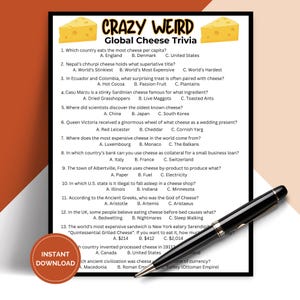 Druckbares Crazy Weird Käse-Trivia-Spiel, Käse-Liebhaber-Partyspiel, Pub-Trivia, Eisbrecher TRIV02