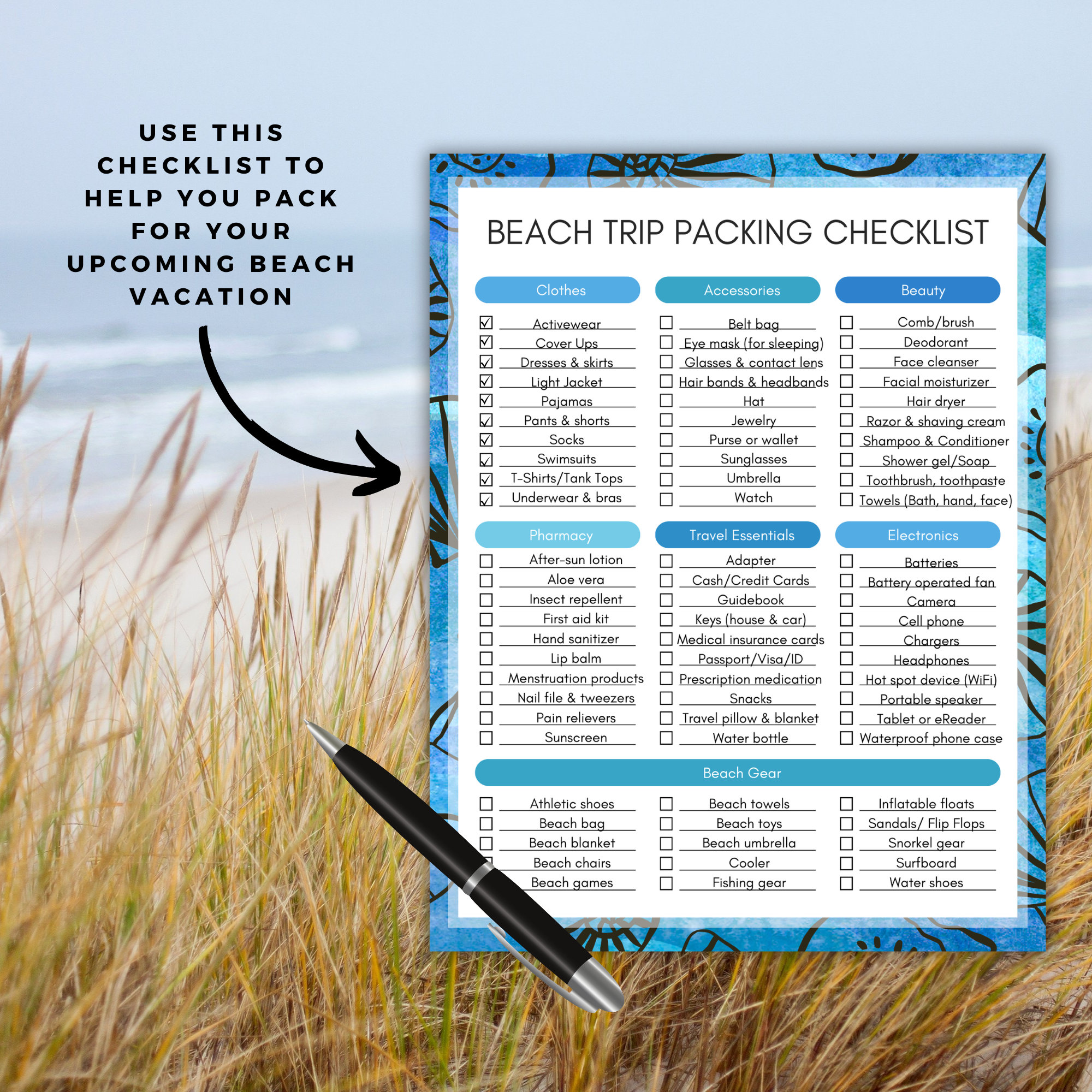 Shell Checklists Printable Beach Vacation Packing Checklist - Dark Blue Sea Shell Design ...
