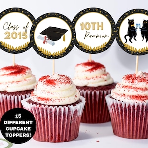Printable Class of 2015 Cupcake Toppers, 10th Class Reunion Decor, High School Reunion