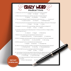 Printable Crazy Weird Medical Trivia Game for Medical School Graduation Party, Doctor Retirement, Nurse Retirement, Pub Trivia TRIV02