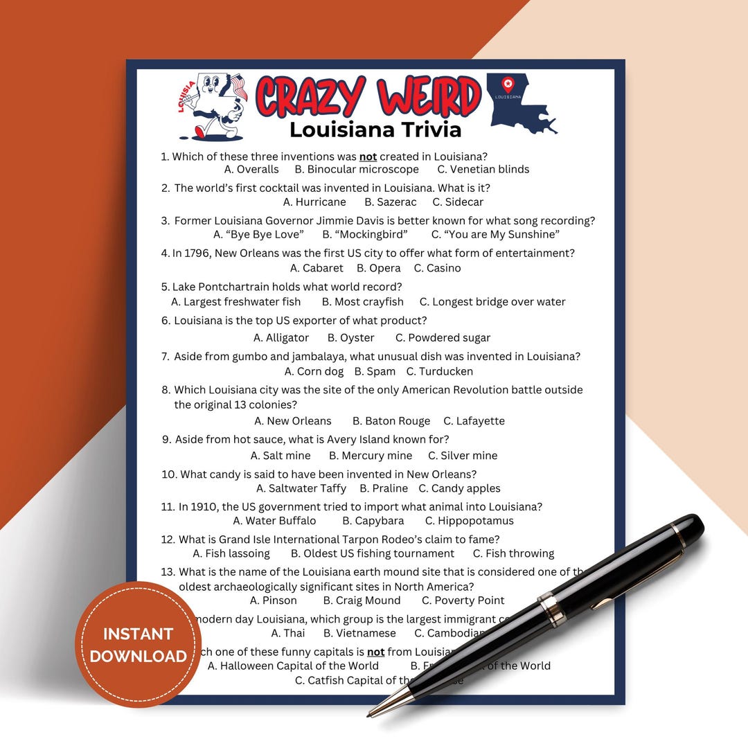 Printable Crazy Weird Louisiana Trivia Game, US States Pub Trivia ...