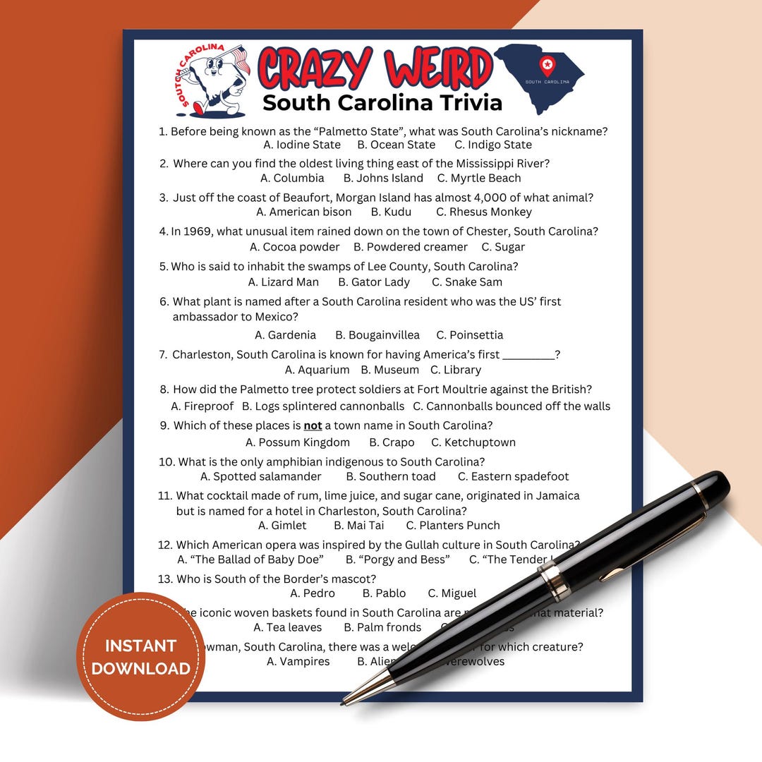 Southern Trivia Printable Crazy Weird South Carolina Trivia Game, US States Pub Trivia ...