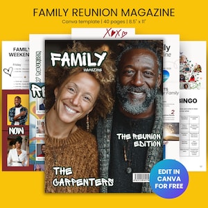 Op de afbeelding: Een omslag van een familiereünie-tijdschrift met een lachend stel. Het tijdschrift heet "Family Magazine" met "The Reunion Edition" eronder. Extra pagina's tonen evenementenschema's en een bingospel. Het tijdschrift is 21,6 cm x 27,9 cm groot.