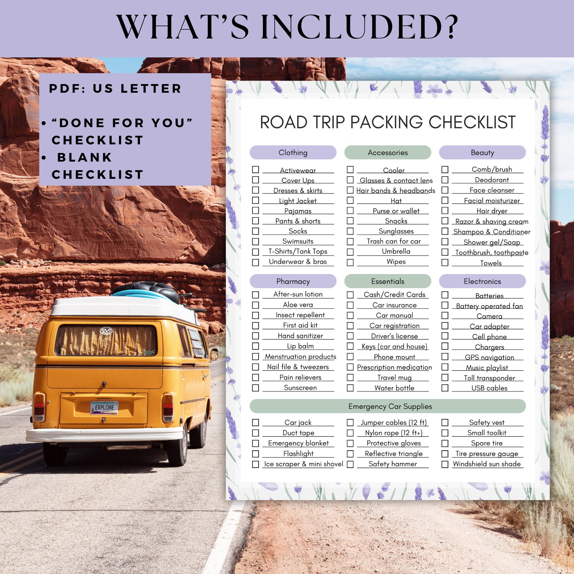 Ultimate Road Trip Packing Checklist - Printable Travel Essentials Car ...