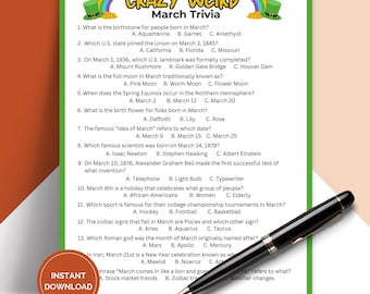 Printable Crazy Weird March Trivia Game, Pub Trivia Night Questions and Answers, Office Icebreaker Games, March Birthday Party TRIV02
