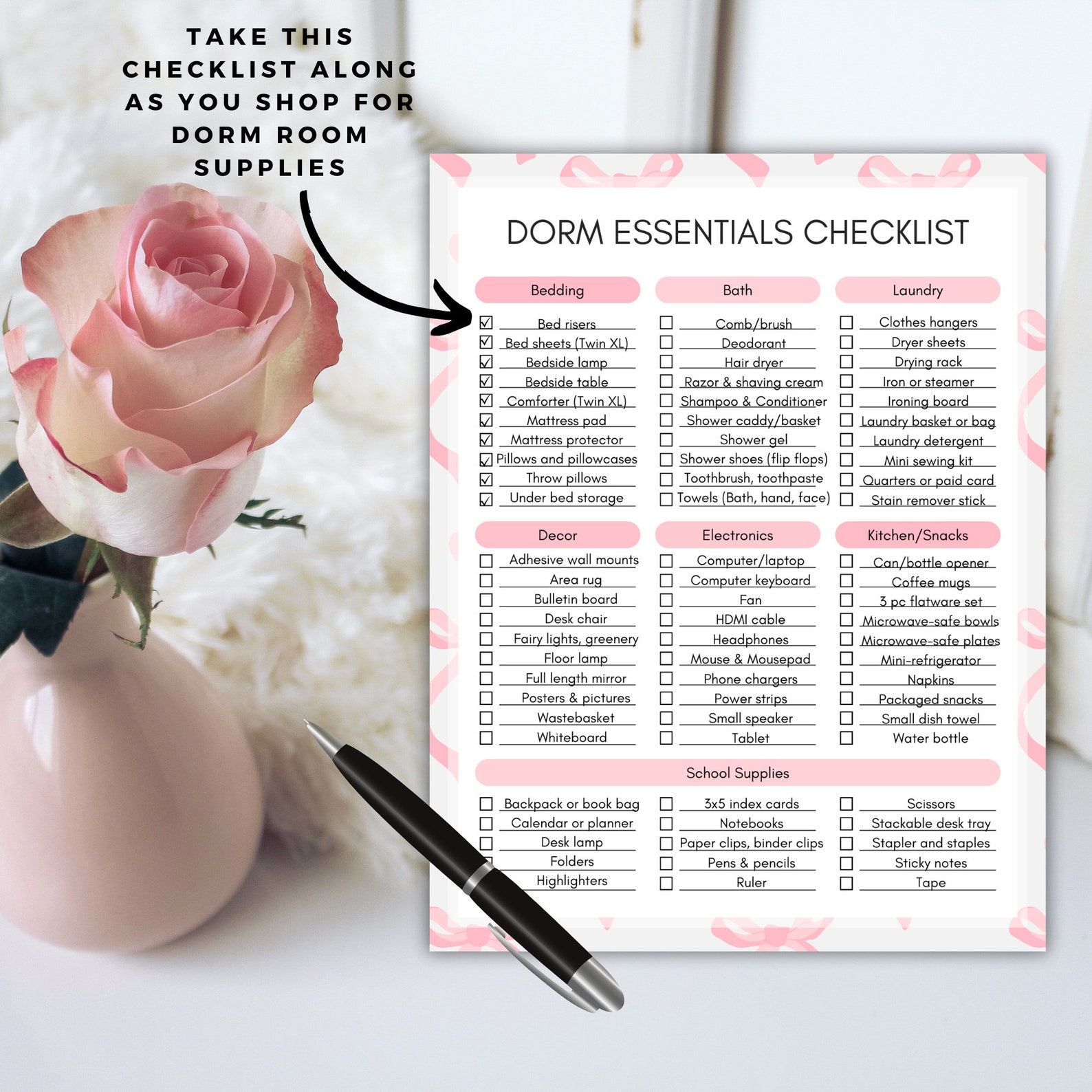 Printable Dorm Room Essentials Checklist - A Pink Bow Coquette ...