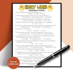 Printable Crazy Weird Chicken Trivia Game, Pub Trivia Night for Chicken Lovers, Icebreaker Games for Chicken Daddies and Ladies TRIV02