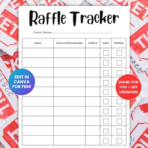 Bewerkbare formuliersjabloon voor loterijtickettracker, aanmeldblad voor tekening van liefdadigheidsmand, inzamelingscadeaumand log RAF01