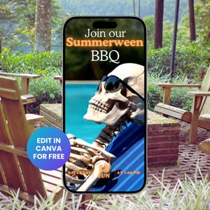 May include: A smartphone screen displays a 'Summerween BBQ' invitation. The image features a skeleton wearing sunglasses, relaxing by a pool. Text includes 'Saturday Jun' and 'at 1:00 PM'. The background shows wooden chairs and greenery.