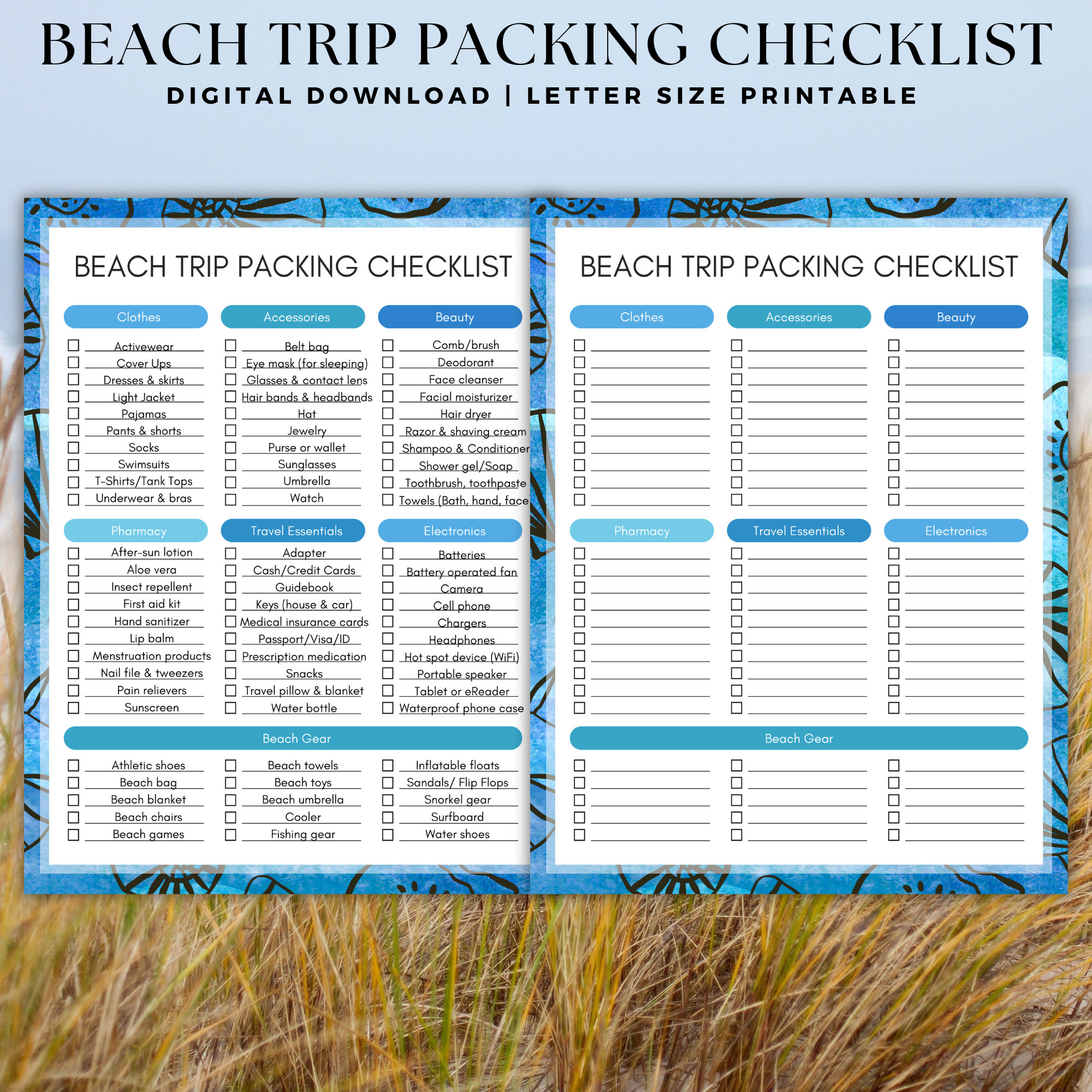Shell Checklists Printable Beach Vacation Packing Checklist - Dark Blue Sea Shell Design ...