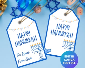 Editable Hanukkah Gift Tags for Hanukkah Party, Jewish Holiday Gifts, Happy Hanukkah To and From Tags, 8 Nights of Hanukkah