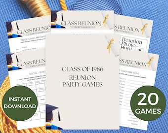 May include: A collection of reunion party games for the Class of 1986. The games include a photo hunt, a tune matching game, and a slang matching game. The image features a green circle with the text "Instant Download" and a green circle with the text "20 Games".