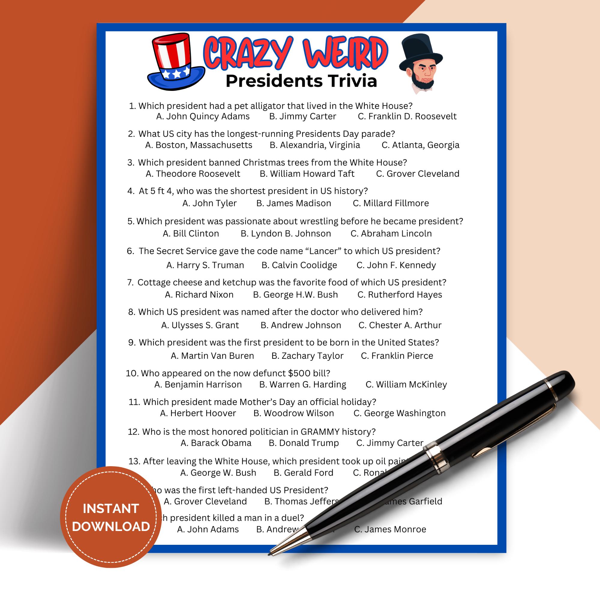 Printable Crazy Weird Presidents Trivia Game Perfect for Presidents Day ...