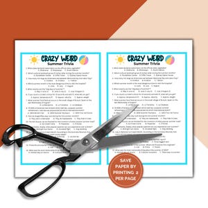 Save on paper and printing costs by printing 2 trivia cards per US Letter page. Each card is 5 x7. The US Letter page with 2 trivia cards is shown on a geometric background with scissors on top.