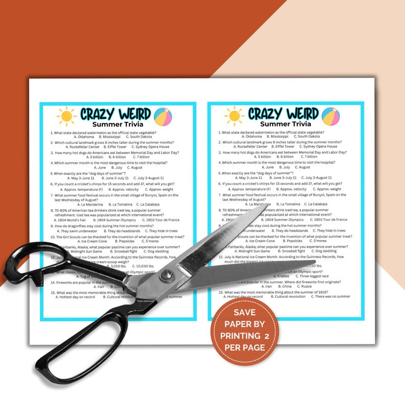 Save on paper and printing costs by printing 2 trivia cards per US Letter page. Each card is 5 x7. The US Letter page with 2 trivia cards is shown on a geometric background with scissors on top.