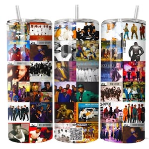 Puede incluir: Un collage de portadas de álbumes con varios artistas de los años 80 y 90, incluyendo New Edition, Bobby Brown, Johnny Gill, Bell Biv DeVoe y Ricky Bell. El collage está impreso en un vaso blanco con una pajita.