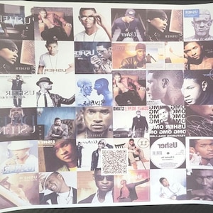 May include: A collage of album covers featuring the singer Usher. The covers feature different photos of Usher, album titles, and release dates. The covers are arranged in a grid pattern.
