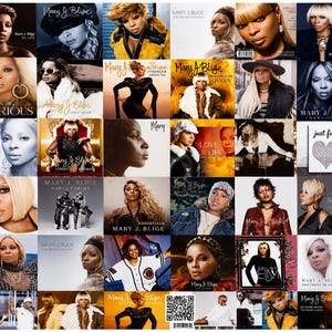 Peut inclure: Un collage de pochettes d'albums et d'images promotionnelles de Mary J. Blige présentant divers portraits de l'artiste, du texte stylisé et des éléments graphiques. La collection inclut des styles photographiques variés et un QR code.