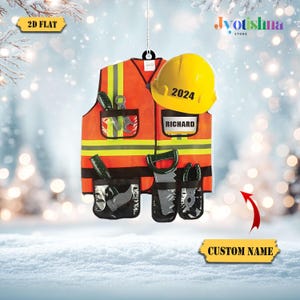 Personalized Construction Vest 2D Flat Acrylic Ornament, Custom Safety Vest Ornament, Gift for Builders and Workers, Hard Hat Ornament Decor