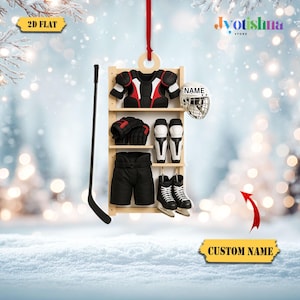 Hockey Xmas Ornament, Personalized 2D Flat Hockey Gear Shelf Ornament, Custom Name Hockey Player Gift, Ice Hockey Fan Decor, Sports Ornament