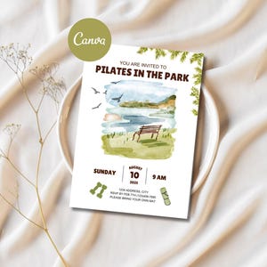 Pilates in the Park bewerkbare canvas-uitnodigingssjabloon, uitnodiging voor buitenfitnessles, kaart voor workoutevenement, flyer voor wellnessgroep